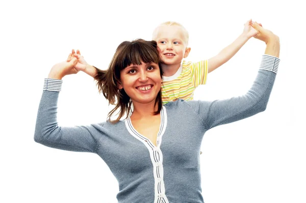 Son on his mother's shoulders having fun — Stock Photo, Image