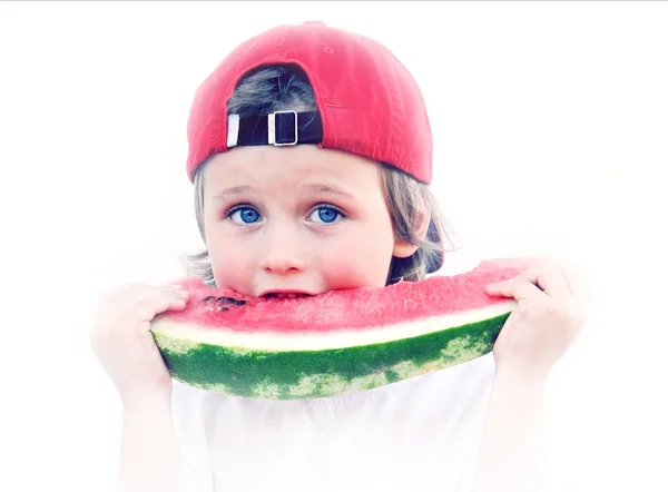Child with part of watermelon, isolated on the white background — Stock Photo, Image