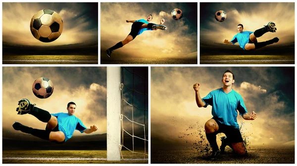Collage of football images on the outdoor field — Stock Photo, Image