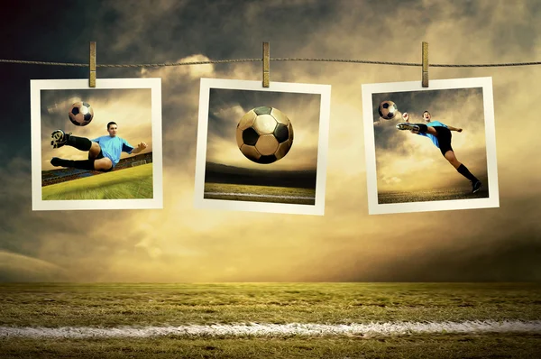 Photocards of football players on the outdoor field — Stock Photo, Image