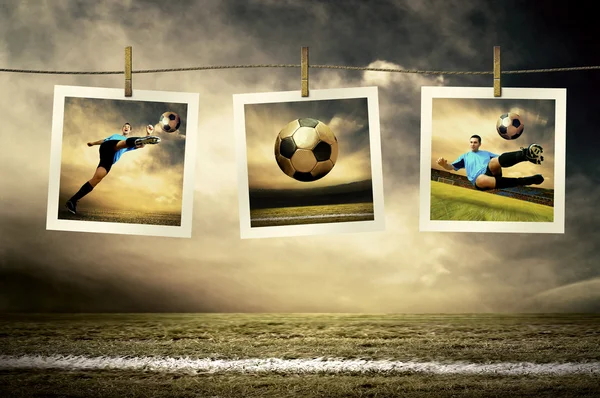 Photocards of football players on the outdoor field — Stock Photo, Image