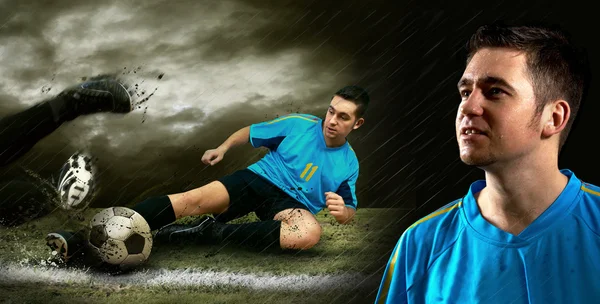 Portrait of Soccer player on the field in night rain — Stock Photo, Image
