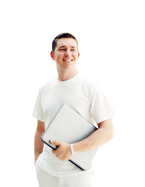 Młodzi mężczyźni szczęśliwy lub student z laptopa, na białym tle biały ba — Zdjęcie stockowe