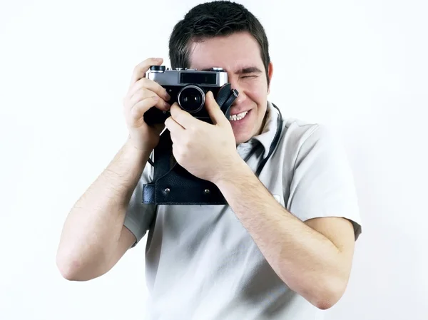 Felicidade homem com câmera de fotos vintage . Fotografia De Stock