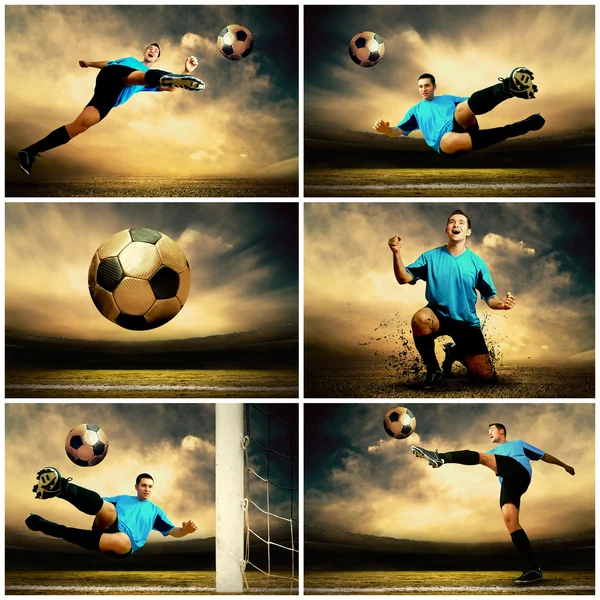 Collage de imágenes de fútbol en el campo al aire libre Imagen de archivo