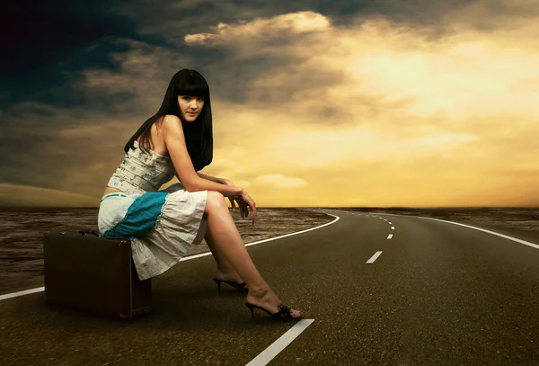 Jonge vrouw te wachten op de weg met haar vintage Bagage Stockfoto