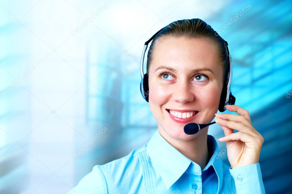 Happiness businesswoman speak in headphones on blur business arc