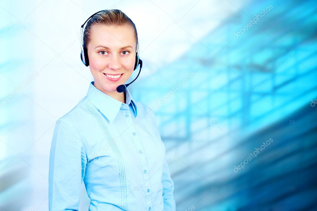 Happiness businesswoman speak in headphones on blur business arc