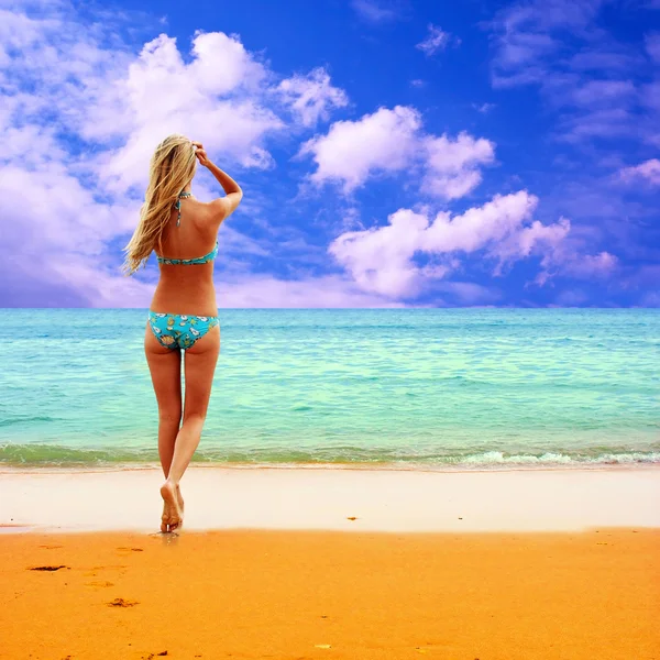 Mujeres hermosas jóvenes en la soleada playa tropical en bikini —  Fotos de Stock