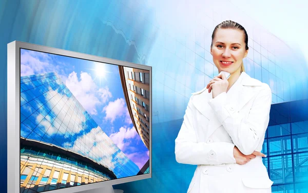 Happiness businesswoman on the business architecture background — Stock Photo, Image