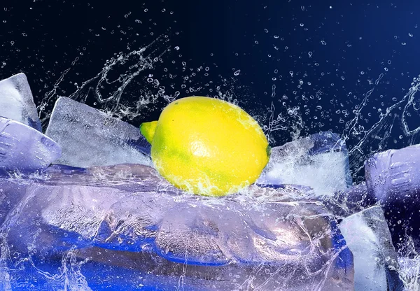 Вода падає навколо цитрона на льоду — стокове фото