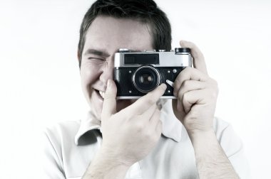 vintage fotoğraf makinesi ile mutluluk adam.