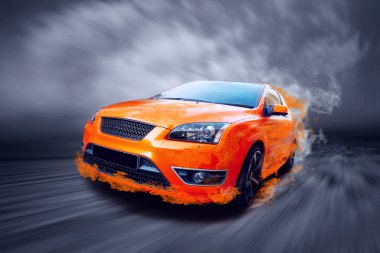 Beautiful orange sport car in fire clipart