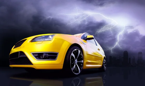 stock image Beautiful yellow sport car on road and lightning in city