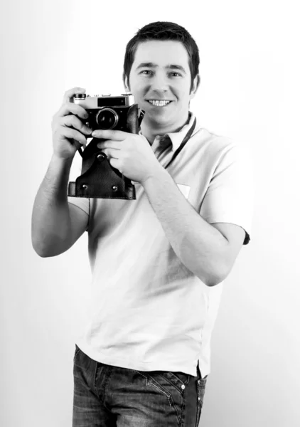 Happiness man with vintage photo camera. — Stock Photo, Image