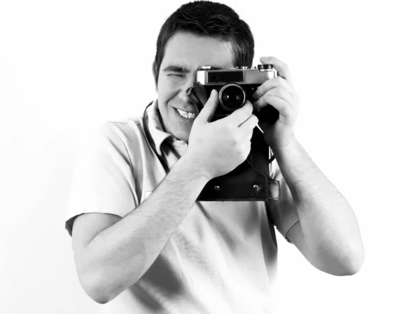 Felicidade homem com câmera de fotos vintage . — Fotografia de Stock