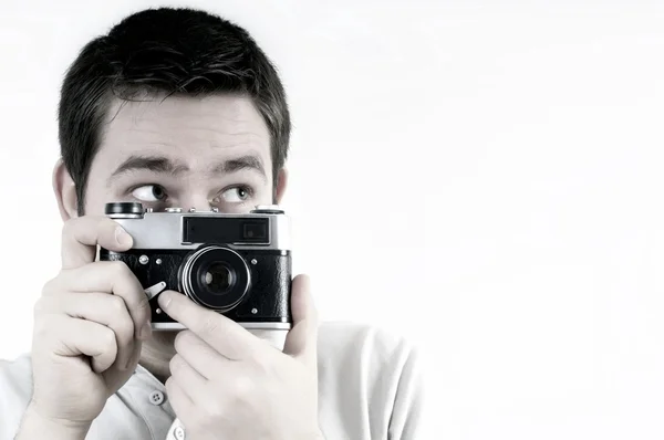 Щастя чоловік з старовинною фотокамерою . — стокове фото
