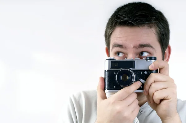 Happiness man with vintage photo camera. — Stock Photo, Image