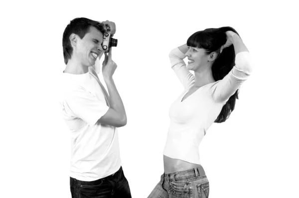 Молодая пара красоты с фотокамерой изолированы на белой backgrou — стоковое фото