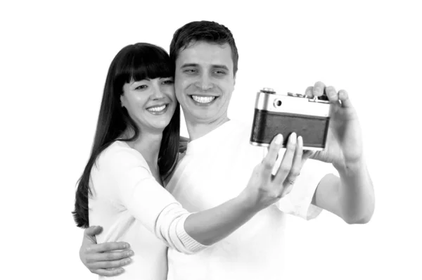A fiatal szépség pár fotó kamera elszigetelt fehér háttérb — Stock Fotó