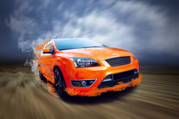 Beautiful orange sport car in fire — Stock Photo, Image
