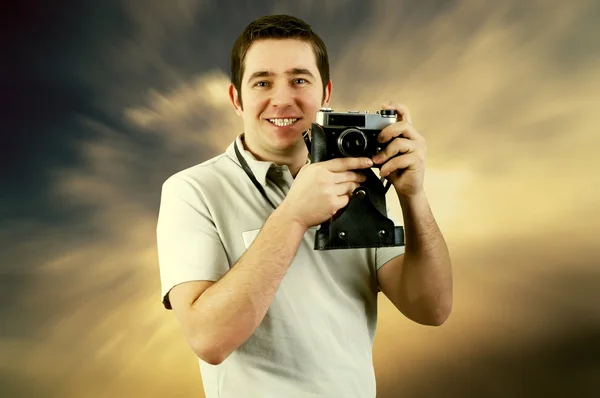 Boldogság férfi vintage fotó kamera — Stock Fotó