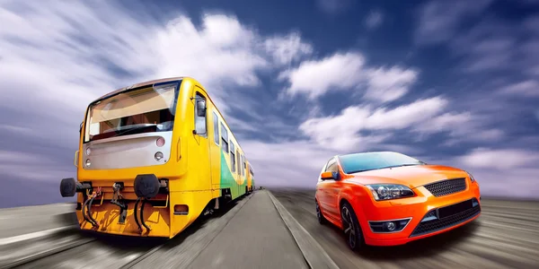 Train and sport car on speed — Stock Photo, Image