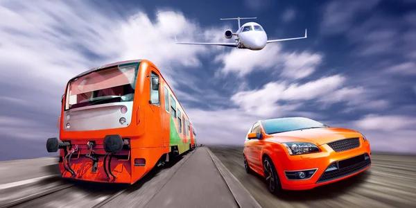 Train, airplane and sport car on speed — Stock Photo, Image