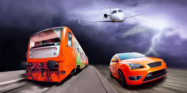 Trein, vliegtuig en sport auto op snelheid — Stockfoto