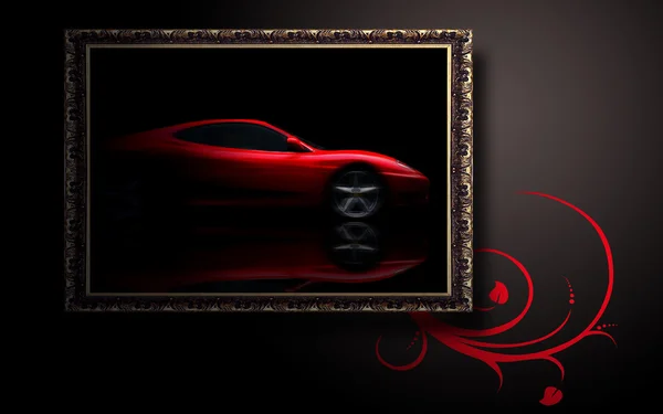 Bella auto sportiva rossa in cornice classica su sfondo scuro — Foto Stock