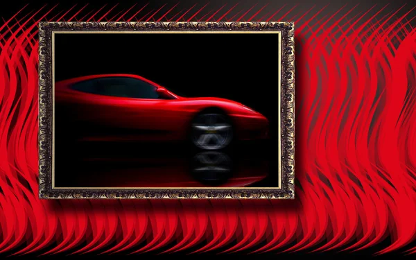Красивий червоний спортивний автомобіль в класичній рамці на червоному абстрактному фоні — стокове фото