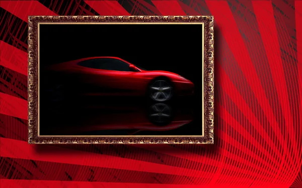 Bella auto sportiva rossa in cornice classica su retro astratto rosso — Foto Stock