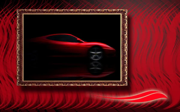 Schöner roter Sportwagen in klassischem Rahmen auf rotem abstrakten Backgro — Stockfoto