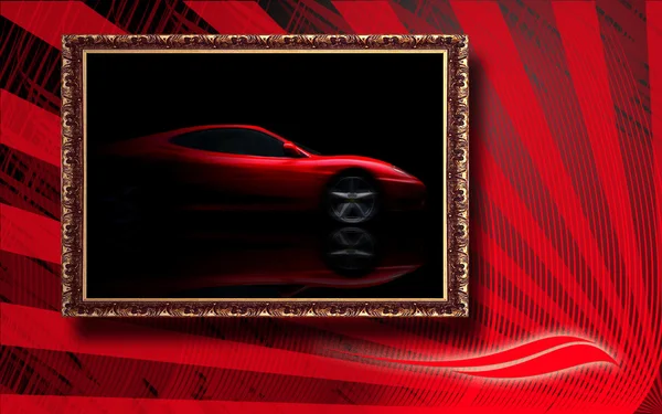 Hermoso coche deportivo rojo en marco clásico en fondo abstracto rojo — Foto de Stock