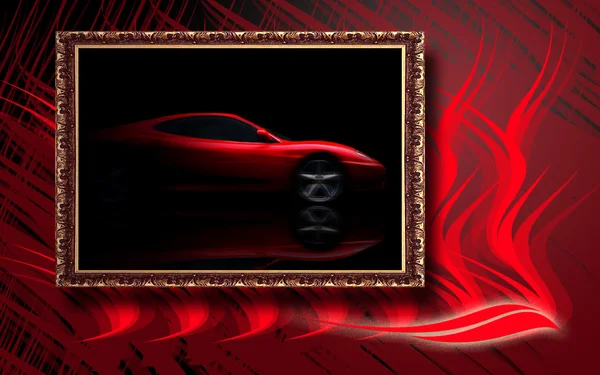 Bella auto sportiva rossa in cornice classica su retro astratto rosso — Foto Stock