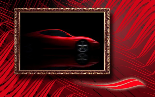 Belle voiture de sport rouge dans un cadre classique sur fond rouge abstrait — Photo