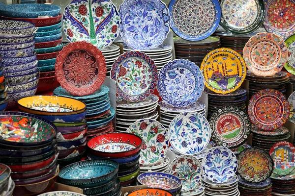 Colorful handmade dishes at the Grand Bazaar in Istanbul, Turkey