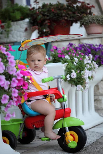 Menina bebê em sua primeira bicicleta — Fotografia de Stock