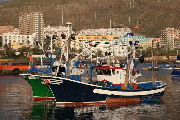Vissersboten in de haven van los cristianos, Spanje tenerife — Stockfoto