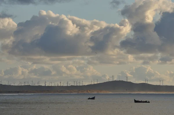 Vindkraftverk på segla utmed kusten av essaouria, Marocko — Stockfoto