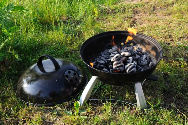 Grelha com carvão e chamas — Fotografia de Stock