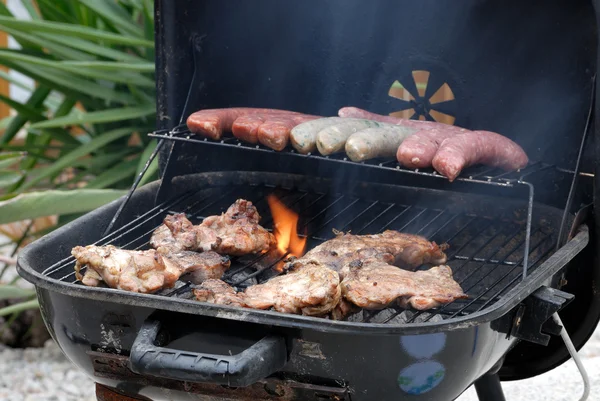 Viande et saucisses sur le barbecue — Photo