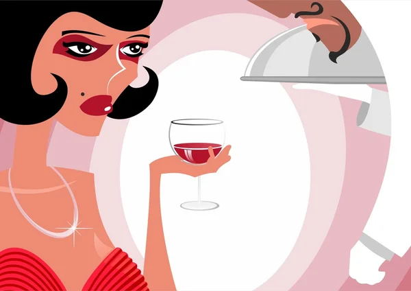 Kadın restoranda şarap içer — Stok Vektör