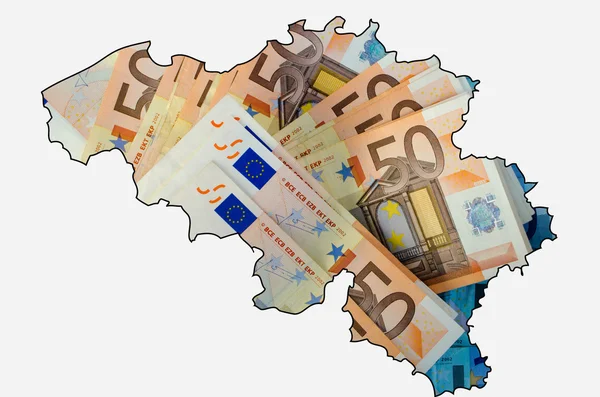 在背景中的欧元纸币与比利时的大纲地图 — 图库照片