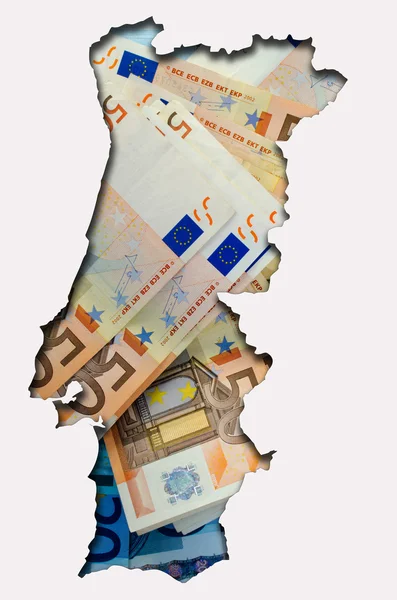 与欧元纸币在背景中的葡萄牙大纲地图 — 图库照片