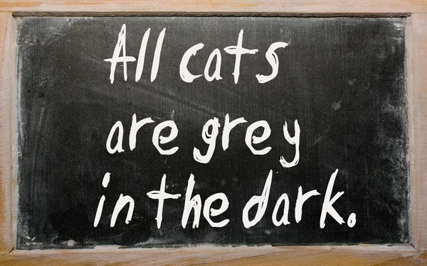 "All cats are grey in the dark" written on a blackboard — Stock Photo, Image