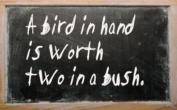 "Ptak w ręku jest wart dwa w krzak "napisane na tablicy — Zdjęcie stockowe