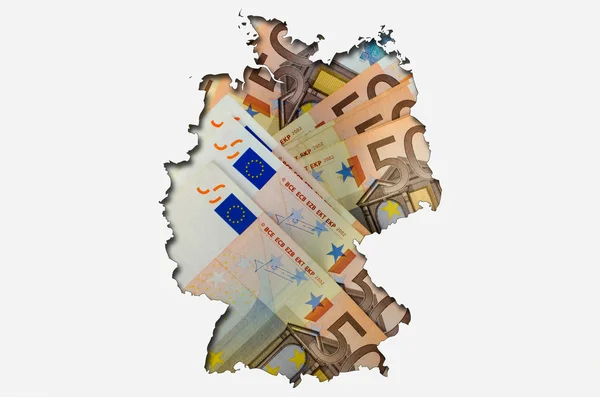 バック グラウンドでユーロ紙幣とドイツの概要マップ — ストック写真