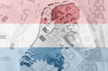Outline map of Netherlands with transparent euro banknotes in ba clipart