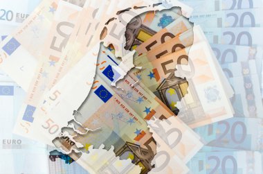 Outline map of Netherlands with transparent euro banknotes in ba clipart